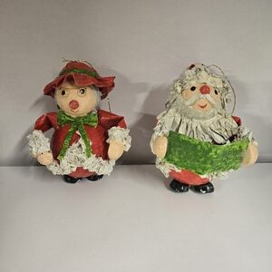 Vtg Festive Santa and Mrs. Claus Holiday Ornaments Paper Mache